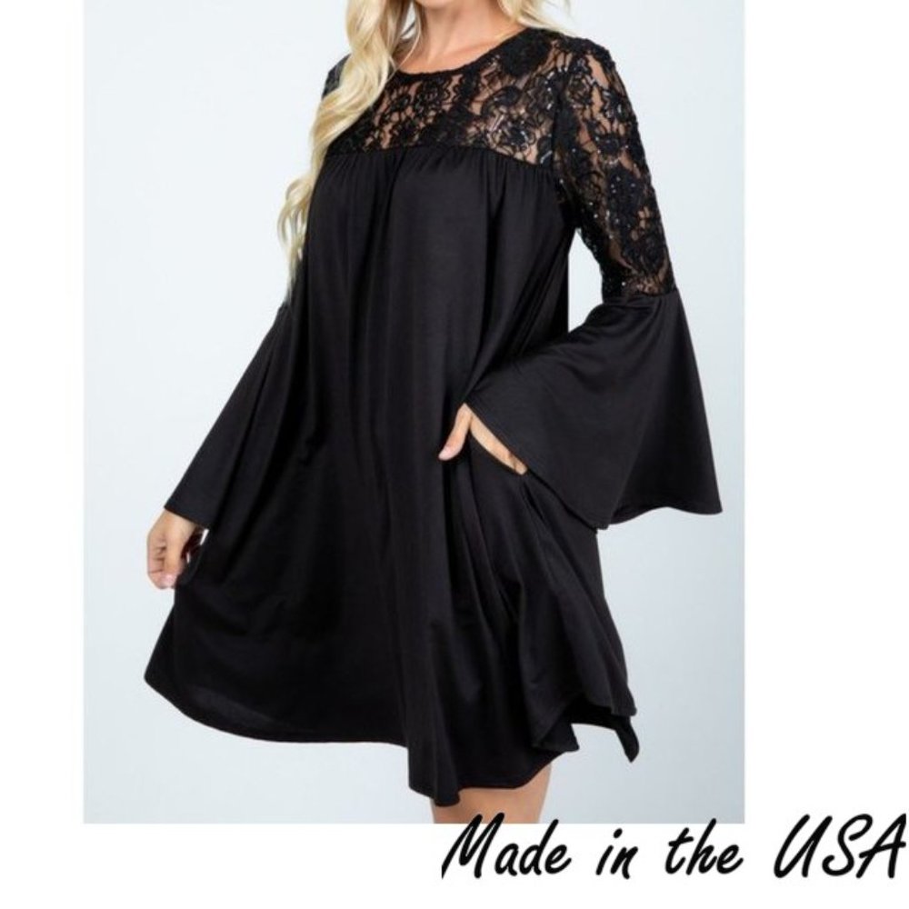 Embroidered Sequence & Lace Bell Sleeve Dress